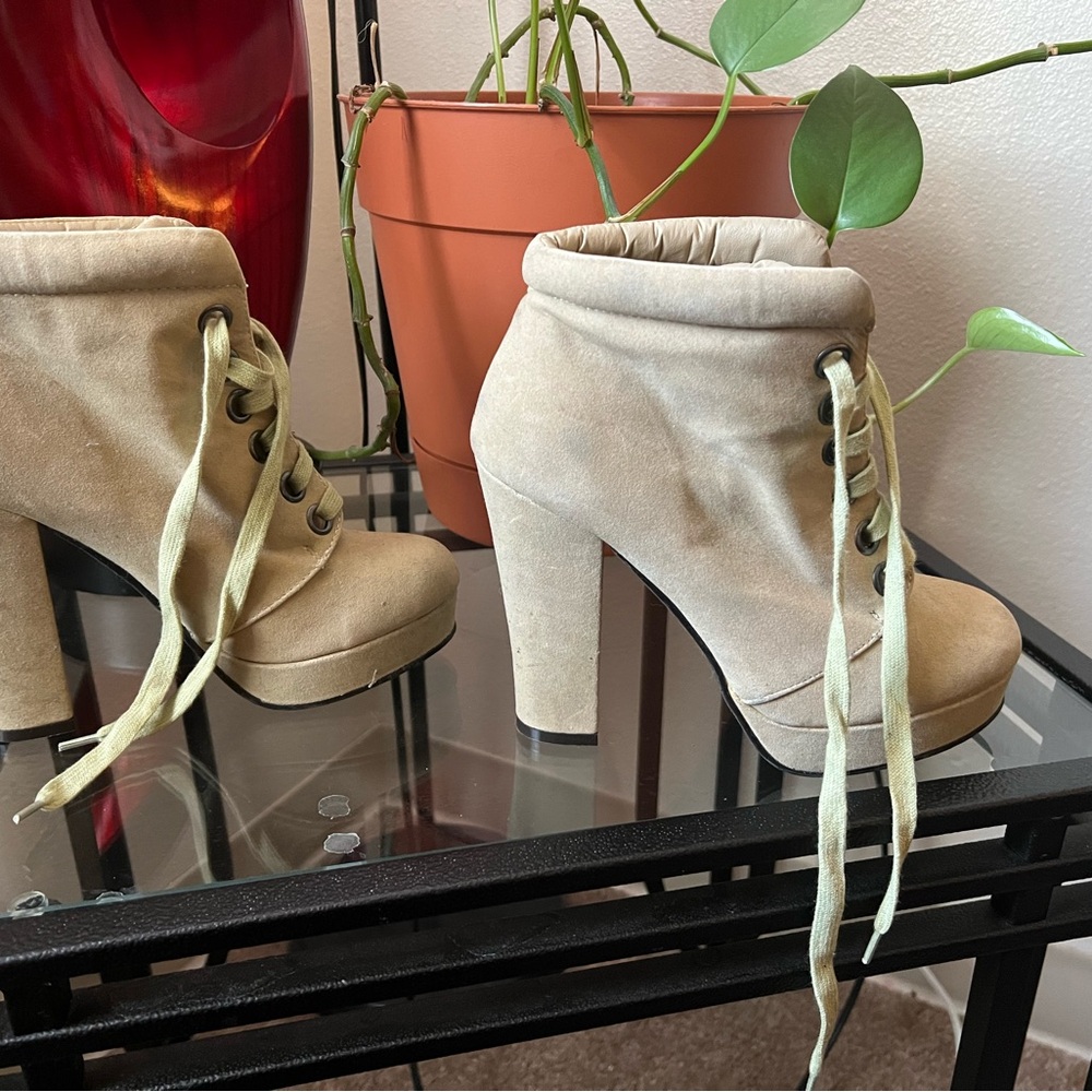 C Label Beige Lace-Up Heeled Boots